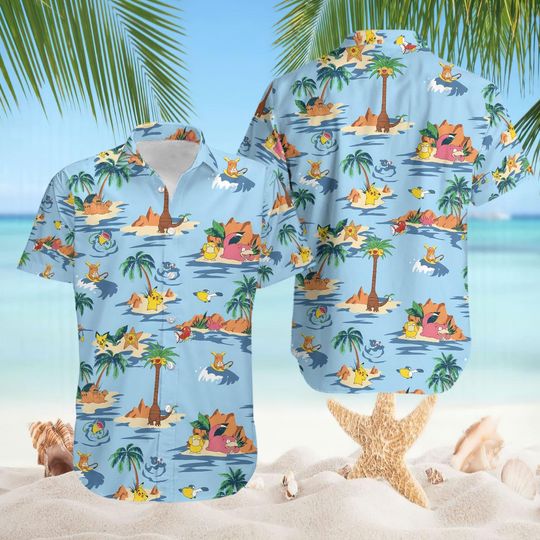 Discover Blue Island Life PKM poket mons Hawaiian Button Down Sz XS