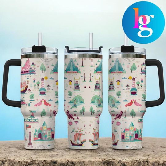 Fantasy Theme Park 40oz Tumbler With Handle, Fairytale Landmark Pattern Insulated Stainless Steel Travel Mug, Cute Adventure Cup