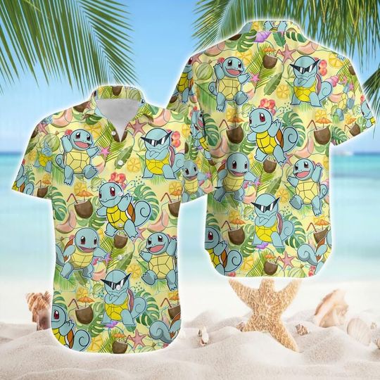 Squirtle PKM Hawaiian Shirt, Cute Tropical Summer Vacation Beach Shirt, Anime Meme Tee, Family Matching Shirt, Funny Parody Gift