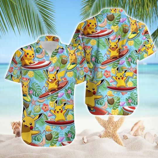 Discover Pika PKM Hawaiian Shirt, Electric PKM Aloha Shirt, Pika On Skateboard Hawaiian Shirt, Legendary Electric Anime Summer Beach