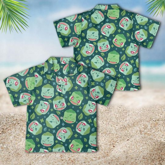 Bulbasaur Hawaiian Shirt, Vintage Anime Shirt, Leaf Creature Anime Aloha, Tropical Summer Beach Set, Gift for Boy