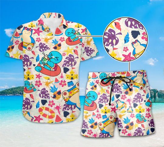 Sn Lax Squirtle PKM Hawaiian Shirt and Short, Sn Lax Tropical Beach Hawaiian Shirt, PKM Aloha Shirt, Anime Hawaiian Shirt, Birthday Gift
