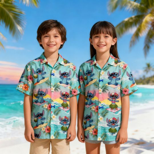 Discover Disney Stitch Hawaiian Shirt, Lilo and Stitch Tropical Beach Shirt, Surfing Summer Vacation Button Down, Hawaiian Clothing