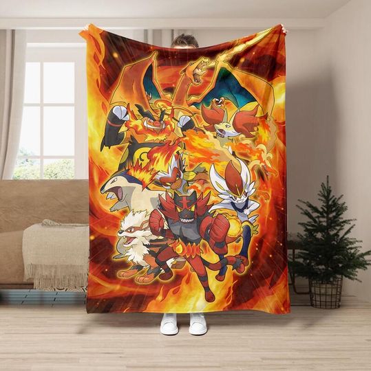 Discover Fire PKM Fleece Blanket, Eeveelutions Velveteen Blanket, Family's Blanket, Birthday Gifts, Christmas Gifts Fleece Blanket