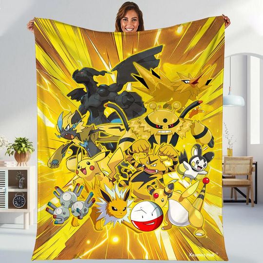 Discover Electric PKM Fleece Blanket, Eeveelutions Velveteen Blanket, Family's Blanket, Birthday Gifts, Christmas Gifts Fleece Blanket