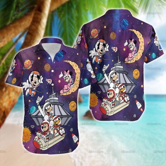 Discover Mickey Mouse Spaceship Button Hawaiian Shirt, Button Down Shirt, Mickey Beach Summer Shirt, Gift For Friends