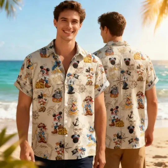 Discover Disney Pirate Mickey & Friends Hawaiian Button Shirt, Disney Cruise Vacation