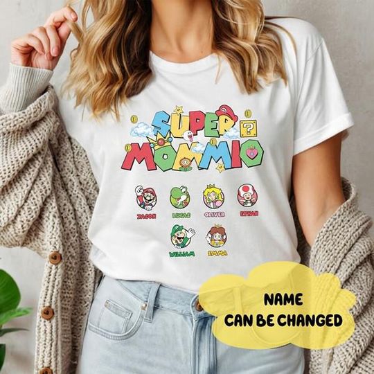 Custom Super Mommio Shirt, Mother's Day Tee, Personalized Name Mario All Character Tee, Mario Family Matching Shirt, Super Mom Super Dad Tee