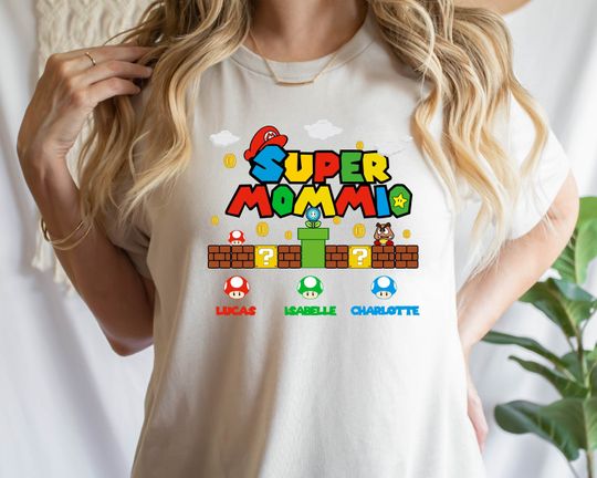Discover Personalized Super Mommio Shirt, Super Mommio Shirt With Kids Name, Cute Mom Shirt, Mom Gamer Shirt, Mother's Day Funny Shirt, Gift for Mom
