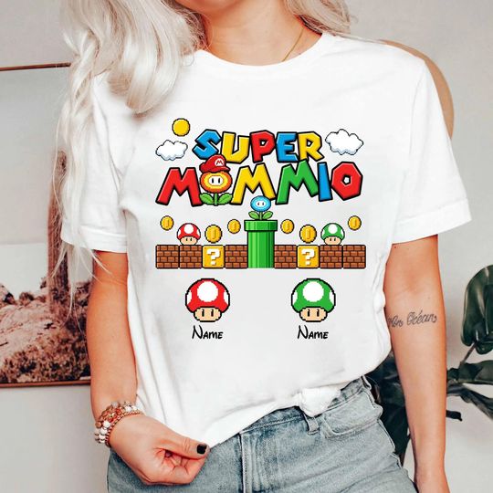 Discover Personalised Super Mummio T-Shirt, Retro Mario Gaming Personalized Mother's Day T Shirt, Mom Mummy Women's Birthday Best Gift for Moms Top