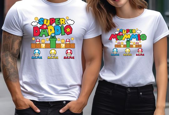 Custom Super Mommio Shirt - Personalized Super Daddio Tee - Gamer Mom Gift - Matching Family Birthday Shirts -Super Mario Inspired Mama Gift