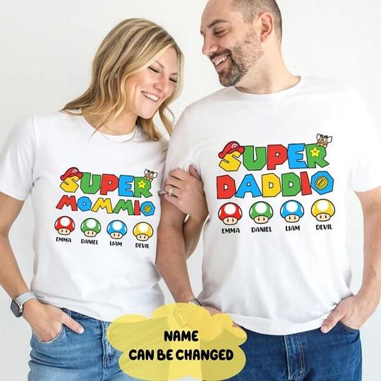 Custom Super Mommio Super Daddio Shirt, Personalized Name Mario All Character Tee, Mario Family Matching Shirt, Super Mom Super Dad Tee