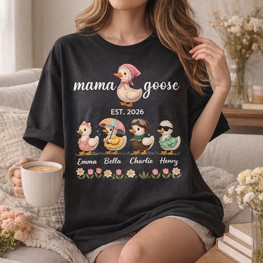 Discover Comfort Colors Personalized Mom Duck Shirt With Kids Names, Custom Mama Goose Family Shirt, Mama Goose Shirt, Mother Goose Mom Gift, Tee