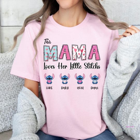 Discover This Mama Loves Her Little Stitch Shirts, Personalized Mom Shirt With Kids Names, Custom Stitch Tee, Mama Mother's Day Gift Tees