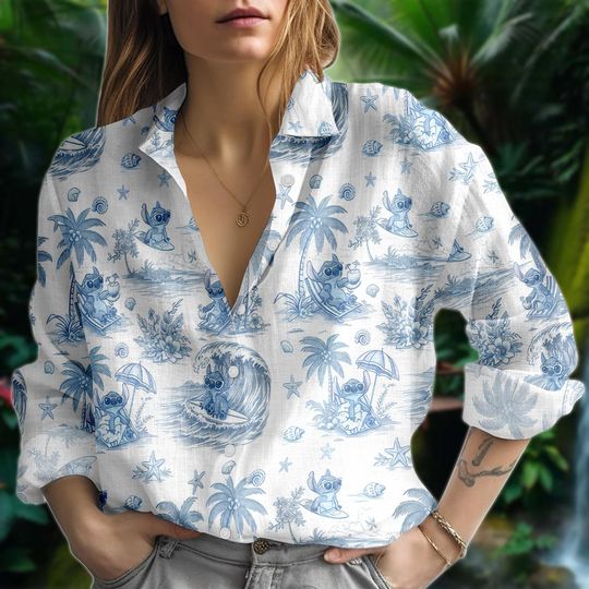 Discover Disney Stitch Hawaiian Shirt for Women, Tropical Button-Up Blouse, Disneyland Vacation Top