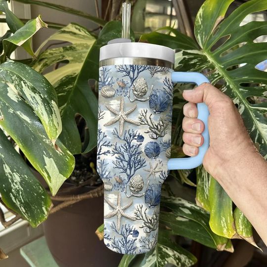 Discover Seashell Blue Ocean 40oz Tumbler, Beach Lover Stainless Tumbler, Ocean Summer Blue Pattern Tumbler, Mermaid Bachelorette Tumbler Cup