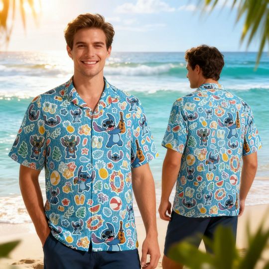 Discover Stitch Tropical Hawaiian Shirt, Blue Alien Aloha Button-Down, Summer Vacation Beach Shirt for Men and Women
