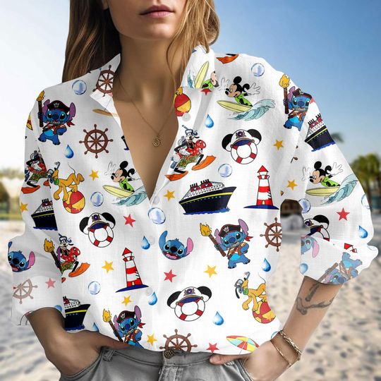 Discover Mickey and Stitch Women's Blouse, Disney Characters Linen Look Shirt, Button-down Vacation Top, Holiday Gift
