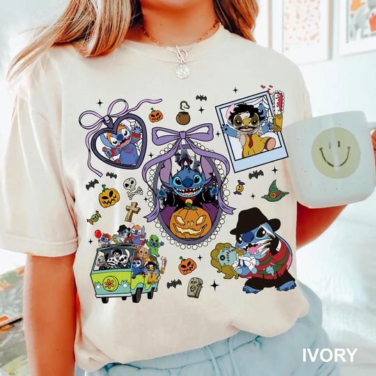 Discover Halloween Stitch Disney Villain T-Shirt with Chucky Freddy Ghostface Jason Horror Characters