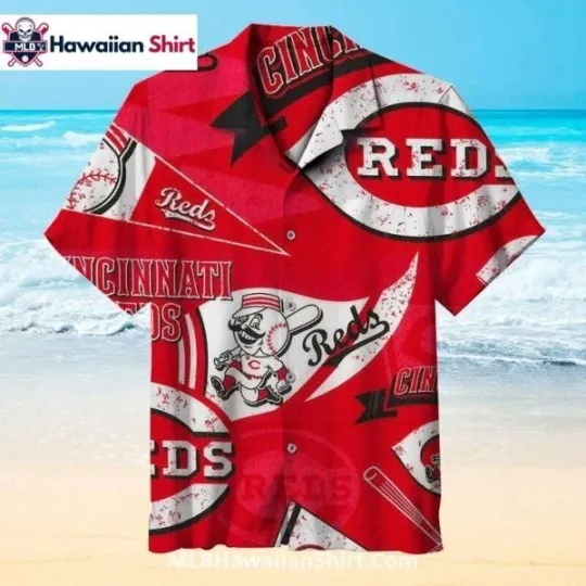 Discover Bold Red Banner Cincinnati Baseball Team Redss Aloha Shirt Distressed