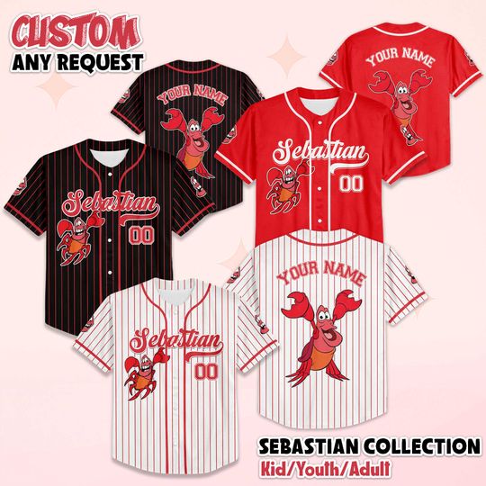 Discover Personalized Sebastian Baseball Jersey, Custom Disney The Little Mermaid Shirt, Matching Team Outfit, Birthday Gift