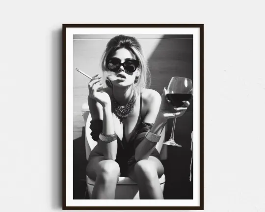 Discover Girl on Toilet Wall Art – Woman Drinking Wine Poster, Funny Bathroom Print