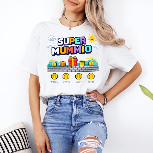 Discover Personalized Super Mommio Shirt, Retro Gamer Mom Tee, Custom Kids Names, Mother's Day Gift