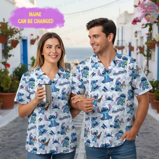 Discover Personalized Stitch Hawaiian Shirt, Custom Name Disney Stitch Shirt, Matching Family Friends Couple Vacation Shirt, Summer Holiday Shirt