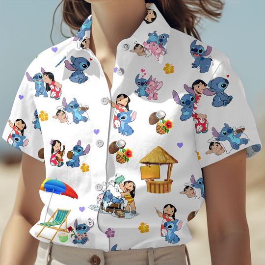Discover Lilo And Stitch Button Shirt, Disney Stitch Summer Short, Stitch Ohana Beach Hawaii Shirt, Cartoon Couple Shirt, Disney Family Matching