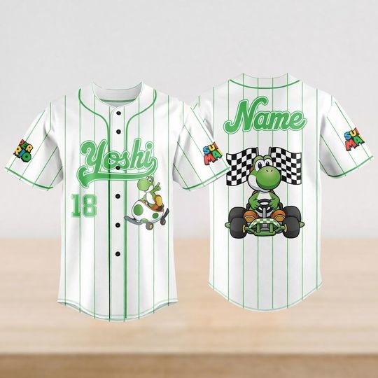 Discover Custom Name Yoshi Baseball Jersey Shirt, Super Mario Gaming Baseball Shirt, Personalized Mario And Friends Gaming Matching Family Shirt