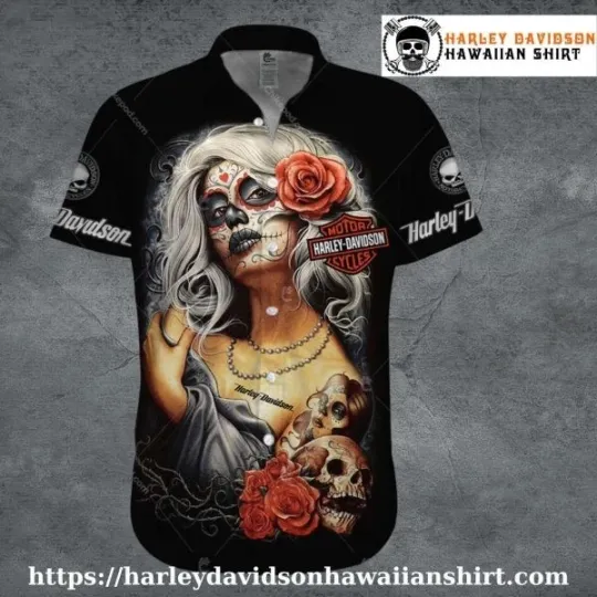 Discover Sugar Skull Beauty Harley Motor Racing Davidsonn Hawaiian Shirt for Women