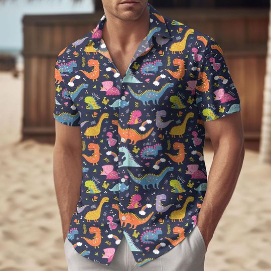 Discover Colorful Dinosaur Aloha Shirt for Summer, Retro Tropical Beach Vacation Top, Men's Casual Hawaiian Short Sleeve