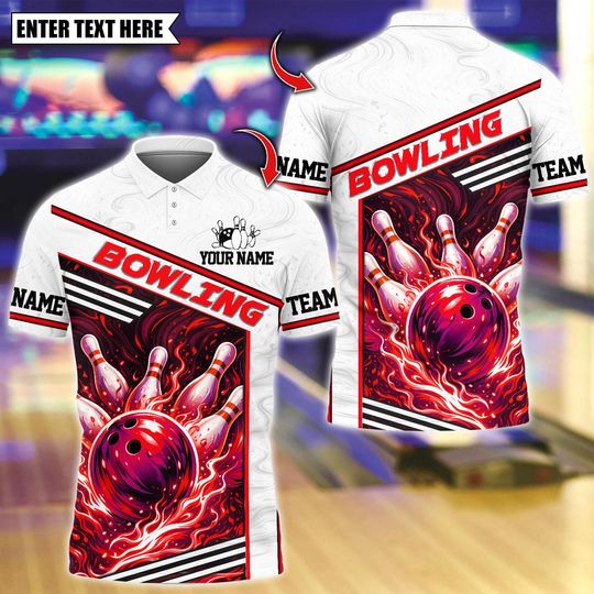 Discover Custom Bowling Team Polo Shirt, Flaming Bowling Tournament Design, Personalized Bowling Jersey for Men, Personalized Name Team 3D Shirt