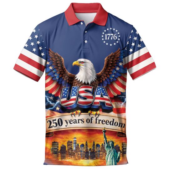 Discover Men's USA Eagle Polo Shirt, Patriotic 1776 Golf Apparel, Summer Freedom Design