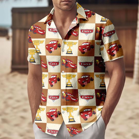 Lightning McQueen Hawaiian Shirt, Disney Cars Adult Short Sleeve, Piston Cup Racing Outfit, Retro Checkered Summer Set
