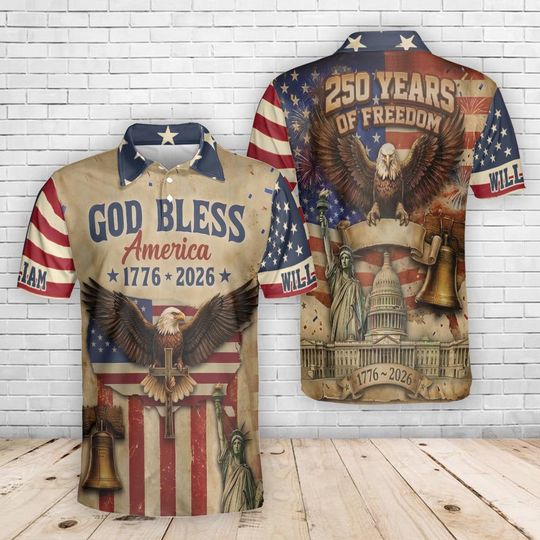 Custom Name Unisex USA 250th Anniversary Polo Shirt, Patriotic Eagle 1776-2026 Golf Shirt For Men Women, 4th July Independence Day Gift Dad