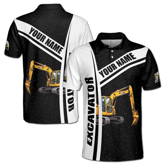 Discover Customize Name Construction Worker Excavator Space Black White 3D Men's Polo Shirt