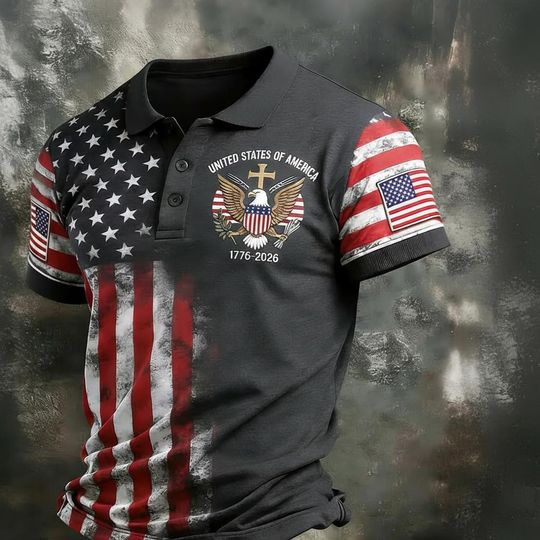 Discover America 250 Polo Shirt, USA Patriotic Polo Tee, 1776 2026 Anniversary Shirt, American Eagle Polo, July 4th Outfit