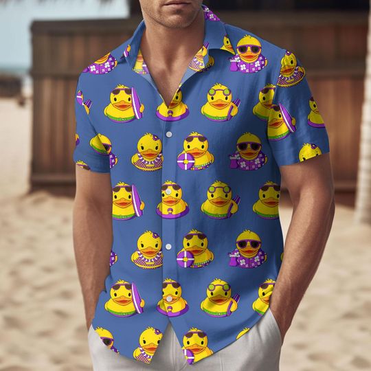 Discover Funny Duck Summer Shirt, Cartoon Rubber Ducks Button-Up, Tropical Short Sleeve Shirt, Aloha Beach Top for Men