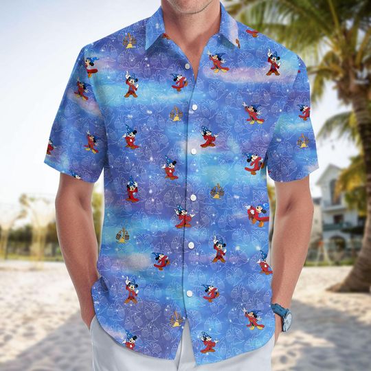 Discover Disney Sorcerer Mickey Button Shirt, Blue Galaxy Print Hawaiian Shirt for Adults and Couples