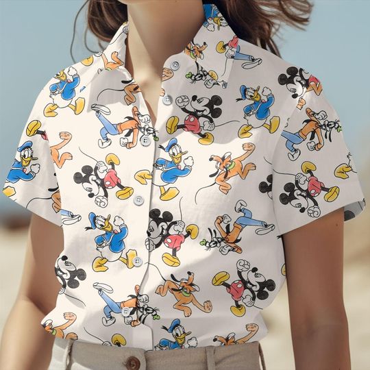 Discover Disney Characters Hawaiian Shirt with Mickey, Donald, Goofy, and Pluto Graphics