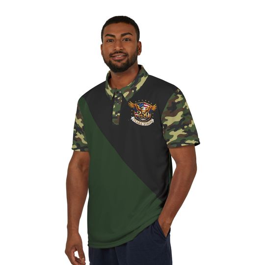 Discover Eagle Emblem  USA 250 Camo Polo Shirt | Green Black Diagonal Panel ,Veteran Tops