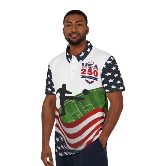 Discover USA 250 Soccer Scene Polo Shirt | American Flag Football Pitch