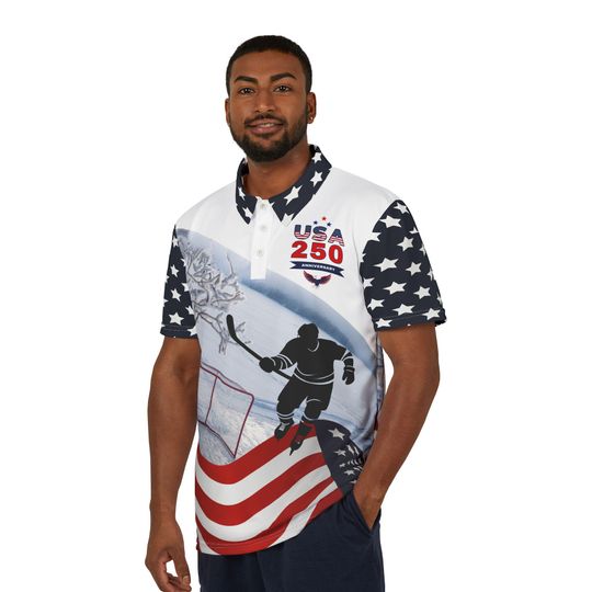 Discover USA 250 Hockey Player Polo Shirt | American Flag Stars and Stripes