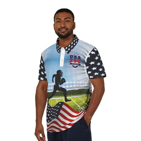 Discover USA 250th Anniversary  Football Player Polo Shirt | American Flag Stadium Running Design