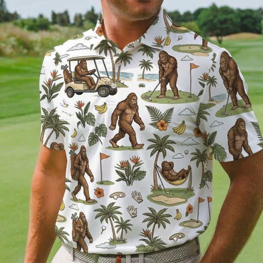 Discover Funny Bigfoot Golf Polo Shirt, Tropical Golf Cart Sasquatch Polo, Summer Golf Shirt, Golf Shirt, Bigfoot Golfer Polo Shirt, Sasquatch Shirt