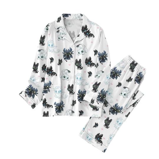 Cute Cartoon Dragon Pajama Set for Women with Toothless and Light Fury Print, Long Sleeve White Sleepwear Set for Cozy Nights or Gifts
