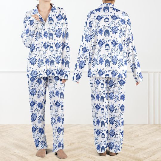 Discover Chinoiserie Floral Bobs Burgers Pajama Set For Women, Tina Belcher PJs, Blue Floral Cartoon Sleepwear, Funny TV Show Pajamas, Gift For Her