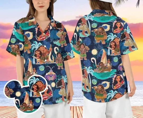 Discover Moana Maui Hawaiian Shirt, Disneyland Princess Cartoon Summer Button Up Shirt