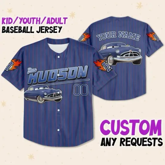 Custom Cars Hudson Navy Lightning Mcqueen Baseball Jersey Shirt Kids Men